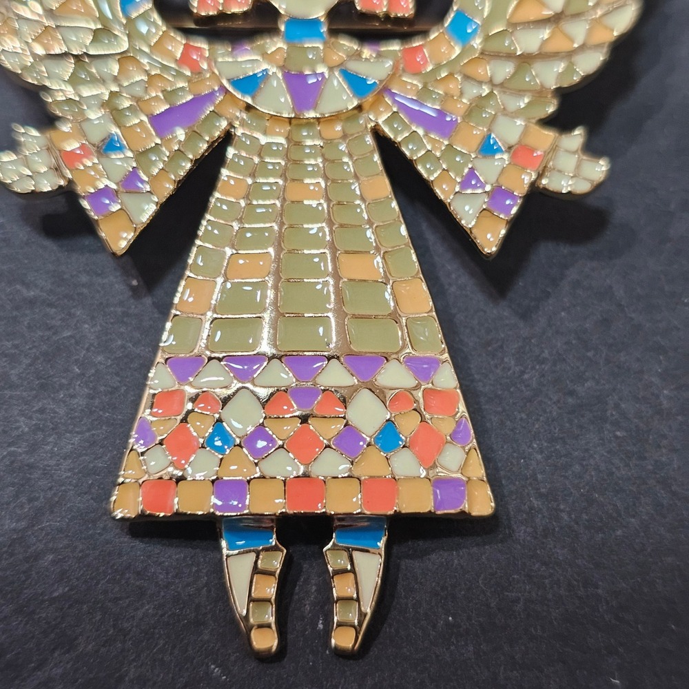 Angel Fairy Brooch Pin Green Enamel Stained Glass Mosaic Style Gold Tone Cottage - Picture 5 of 5